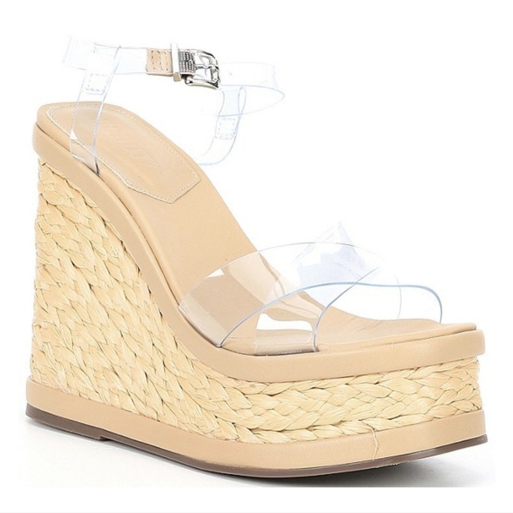 SCHUTZ Clear Strap Raffia Wedge Sandals in Beige and Clear